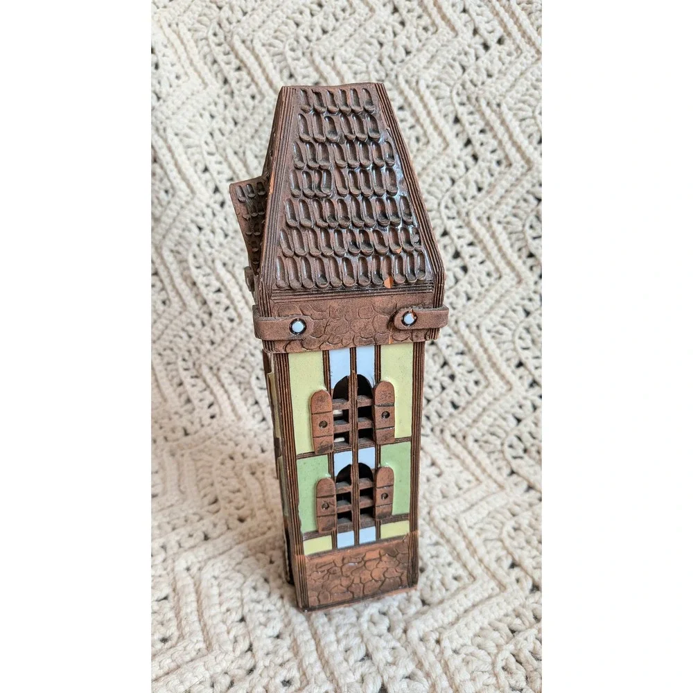 Vintage Lithuanian Handmade Clay Tower Tea Light‎ Candle Holder Village House